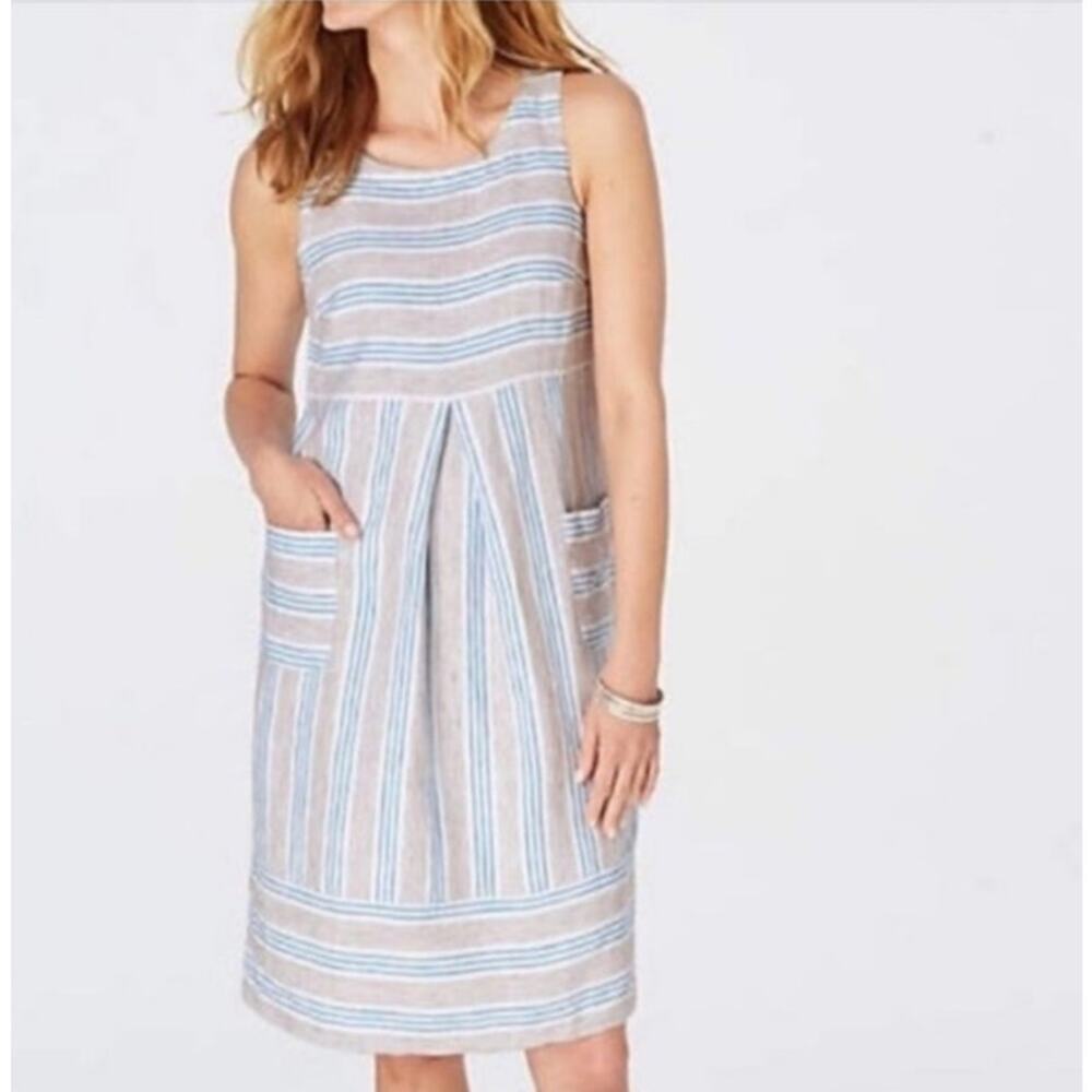 J. Jill Petite Linen Dress White Blue Striped Pockets Coastal